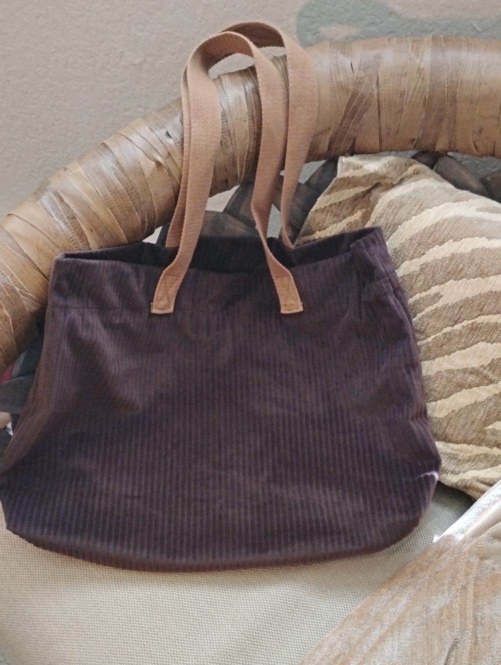 Everyday Velvety-Corduroy Look Tote Bag in Dark Brown